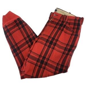 Merrill Woolens Wool Pants Red Plaid Button Zip Mens 40 Vintage Tapered Pockets